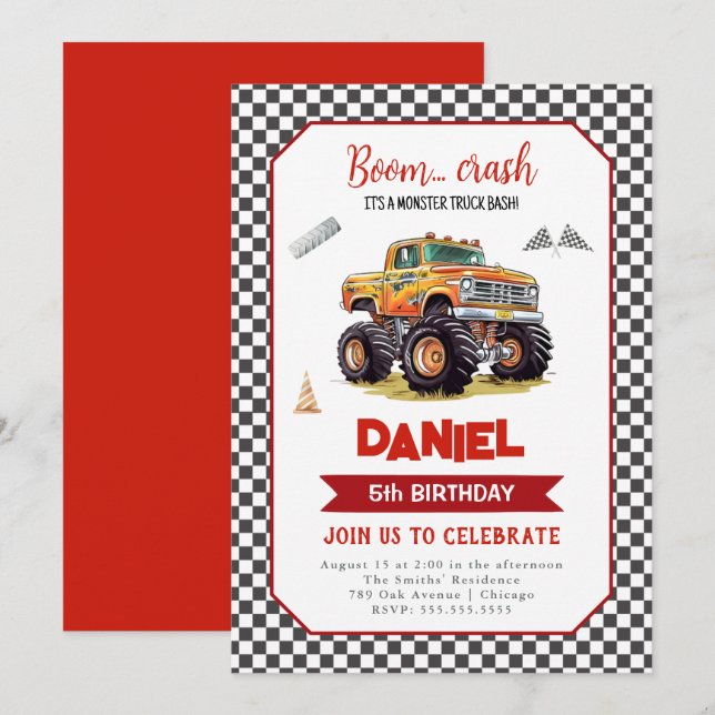Monster Truck Anniversaire Invitation Quel que soi (Devant / Derrière)