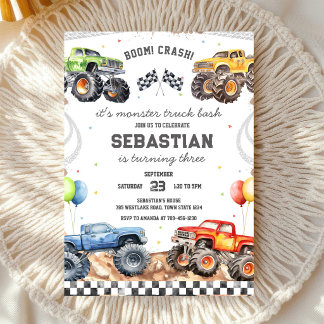 Monster Truck Bash Boom Smash Crash Boy Birthday Invitation