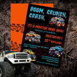 Monster Truck Bash Boy 10th Birthday Party Invitation<br><div class="desc">"Boom,  Crunch,  Crash,  It's A Monster Truck Bash!" fun birthday party celebration for a boy.  Designed in aqua blue and orange text on a black background,  the monster truck artwork really pops.  The dark brown dirt tracks add an additional flair to the overall design.</div>