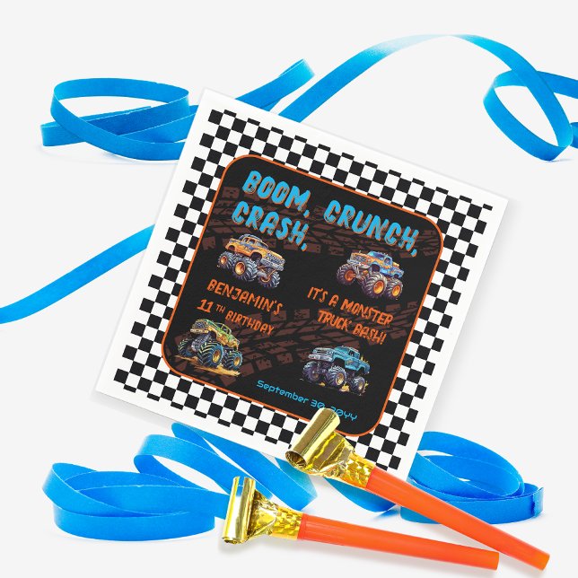 Monster Truck Bash Boy 11th Birthday Party Napkin ("Boom, Crunch, Crash" Boy's Monster Truck-Themed 11th Birthday Party Napkins)