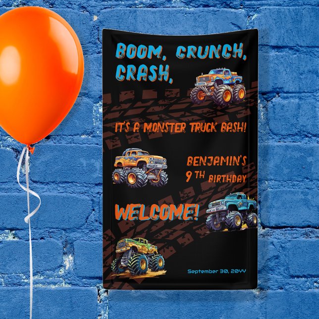 Monster Truck Bash Boy 9th Birthday Party Banner ("Boom, Crunch, Crash, It's A Monster Truck Bash" Boy's 9th Birthday Party 3' x 5' banner)