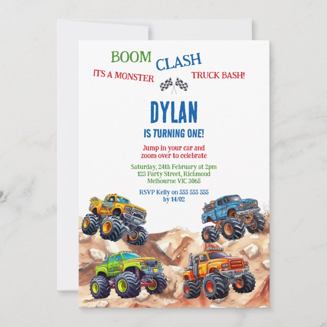 Monster Truck Bash Boy Birthday Invitation (Devant)