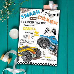Monster truck bash cool modern kid 2nd birthday invitation