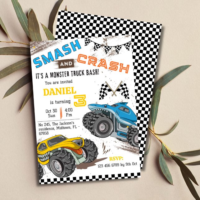 Monster truck bash cool modern kid 3rd birthday invitation (Creator Uploaded)
