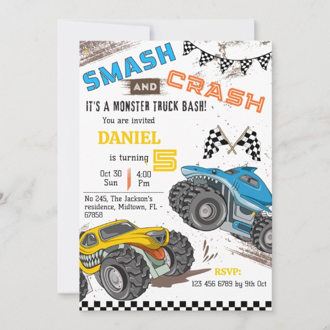Monster truck bash cool modern kid 5th birthday invitation (Front)