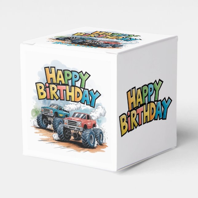 Monster Truck Birthday Bash Watercolor Art Favor Box (Front Side)
