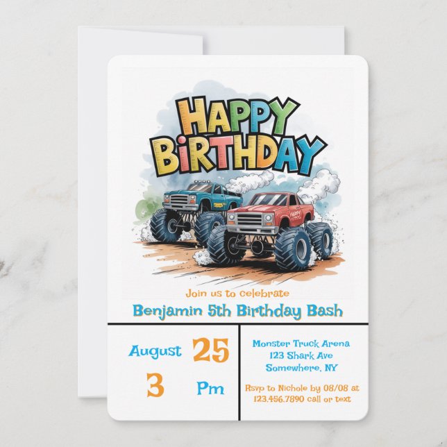 Monster Truck Birthday Bash Watercolor Art Invitation (Front)