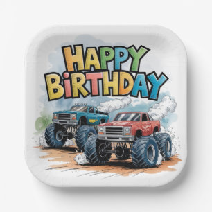 Monster Truck Birthday Bash Watercolor Art Paper Plate