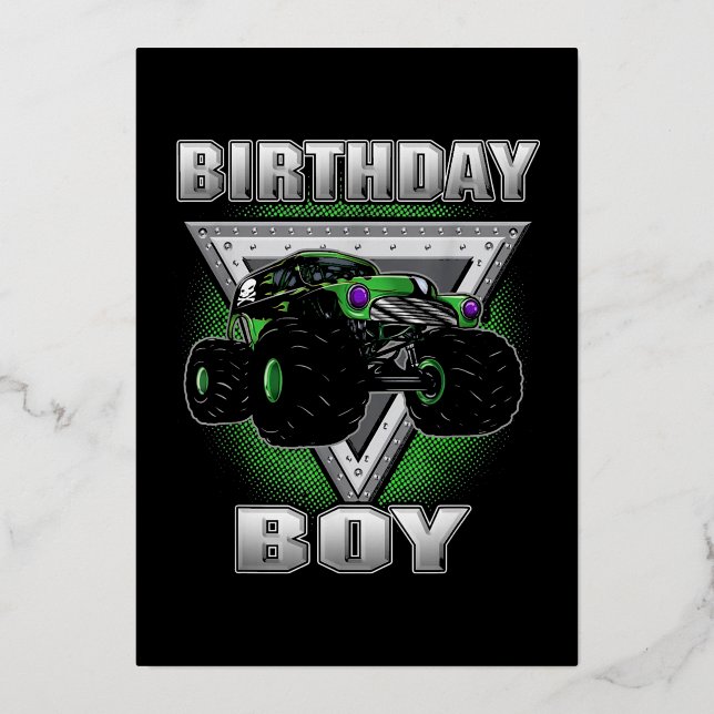Monster Truck Birthday Boy Foil Holiday Card (Front)