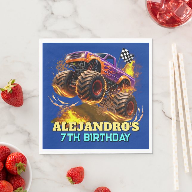 Monster Truck Birthday Fire Flames Napkin (Insitu)