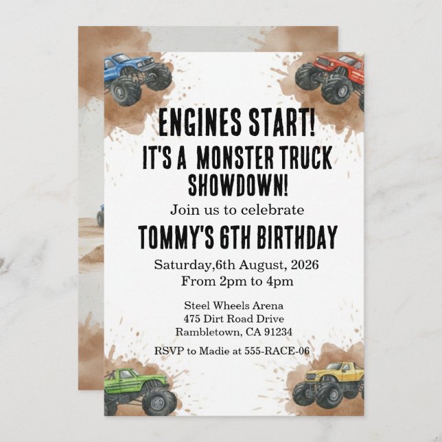 Monster Truck Birthday Invitation (Devant / Derrière)