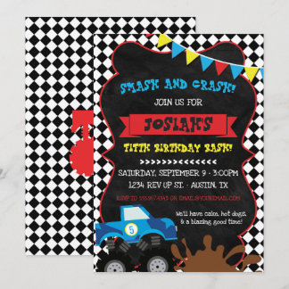 Monster Truck Birthday Invitation Chequered Flag