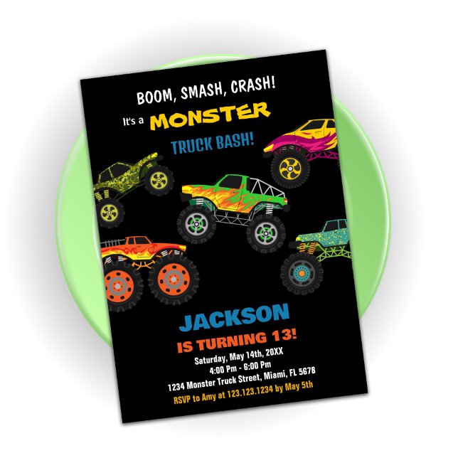 Monster Truck Birthday Invitations Colours Black (Monster Truck Birthday Invitations Colours Black)