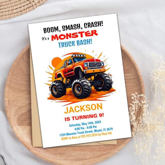Monster Truck Birthday Invitations Orange White (Monster Truck Birthday Invitations Orange White)