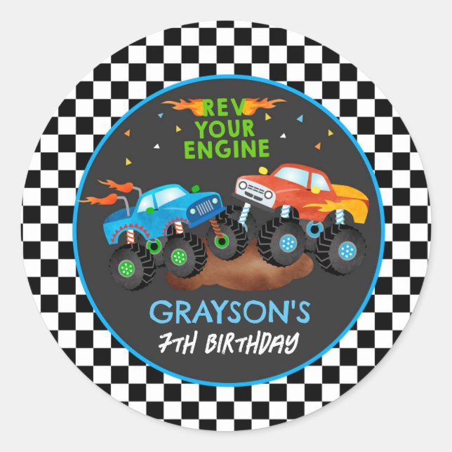 Monster Truck Birthday Party Favour Stickers Label (Front)