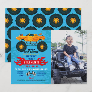 Monster Truck Birthday Party Flames Big Photo Blue Invitation