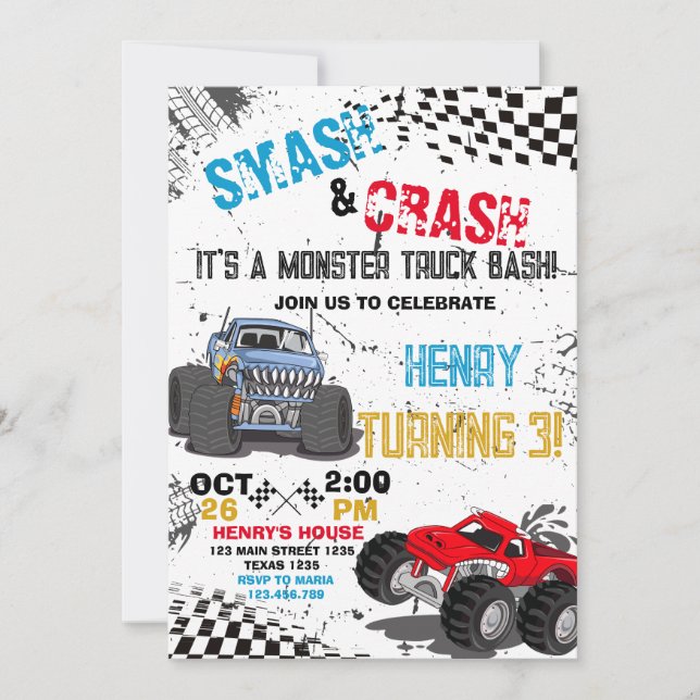 Monster Truck Birthday Party Invitation  (Front)