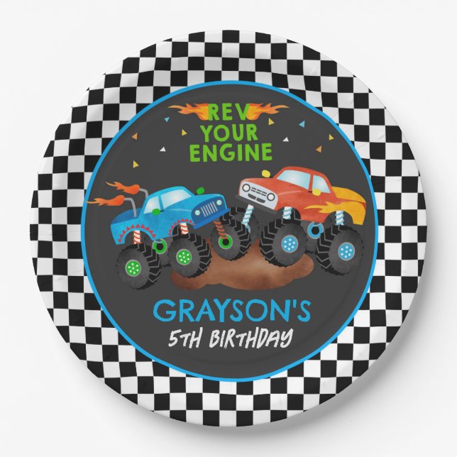 Monster Truck Birthday Party Paper Plates (Front)
