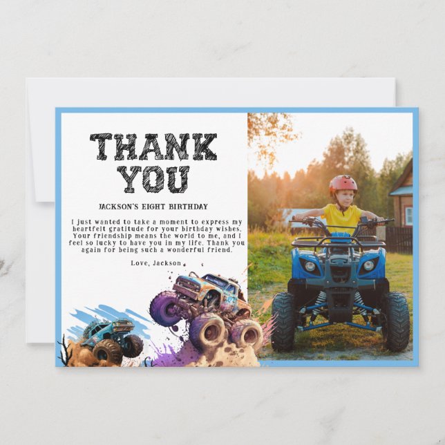 Monster Truck Birthday Party Thank You Card (Front)