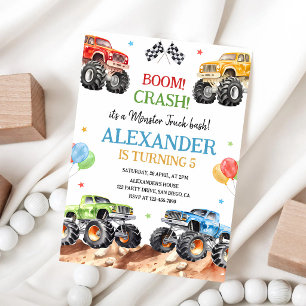 Monster Truck Boom Crash Bash Any Age Birthday Invitation