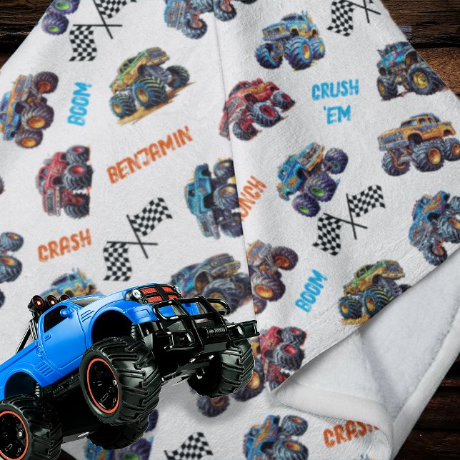 Monster Truck Boom Crunch Crash Crush Boy's Name Fleece Blanket (Monster Truck Boom, Crunch, Crash, Crush 'Em Boy's Name Fleece Blanket)