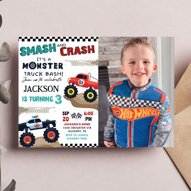 Monster Truck Boy 3rd Birthday Party Photo Invitation (Creator Uploaded)