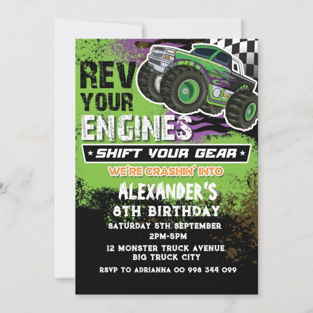 Monster Truck Boy Green Invitation (Devant)