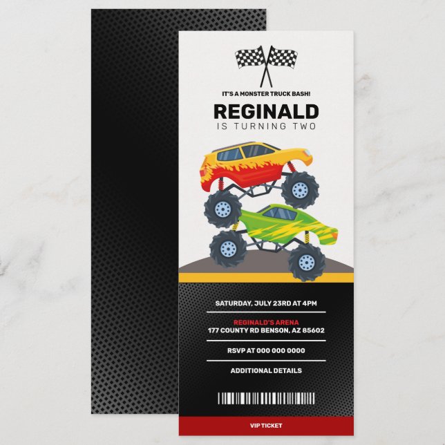 Monster Truck Boy Racing Birthday Jam Ticket Invitation (Front/Back)