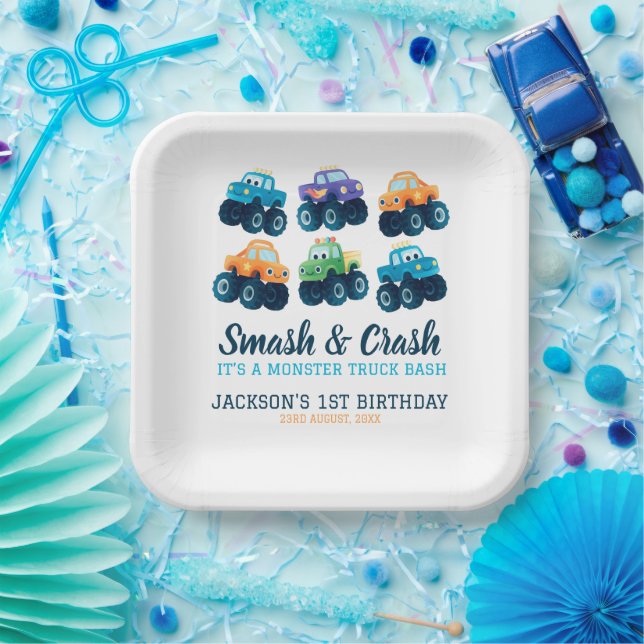 Monster Truck Boys Cute Boys Birthday  Paper Plate (Party)