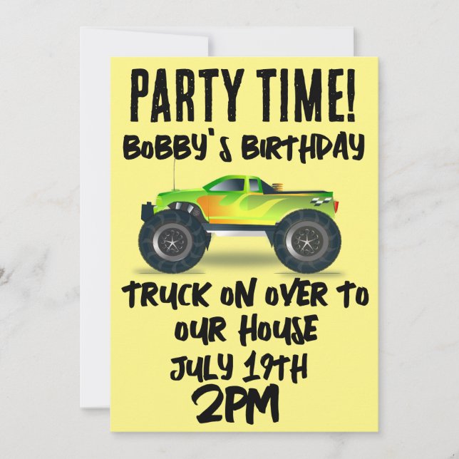 MONSTER TRUCK BOYS KIDS BIRTHDAY PARTY INVITATIONS (Front)