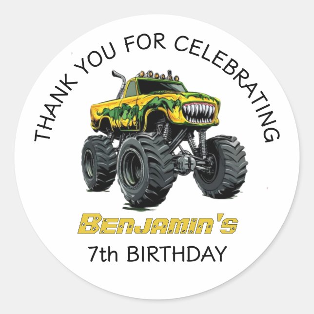 Monster Truck Boys Thank You Birthday Party  Classic Round Sticker (Front)