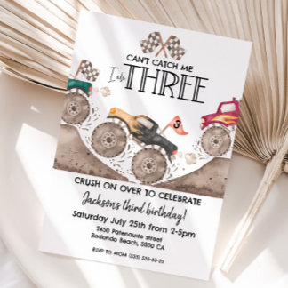 Monster Truck Can't catch me, I am three birthday Invitation