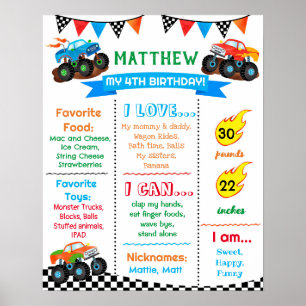 Monster Truck Cars Birthday Milestone Chalkboard Poster