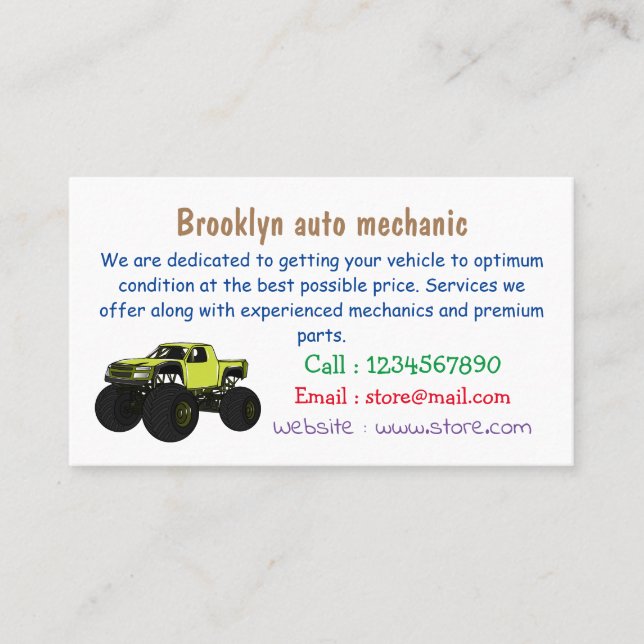 Monster truck cartoon illustration business card (Front)