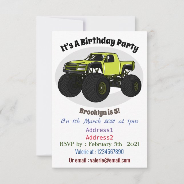 Monster truck cartoon illustration invitation (Front)
