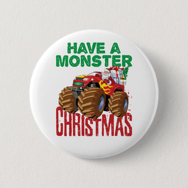 Monster Truck Christmas Santa Claus Boys Toddlers 2 Inch Round Button (Front)