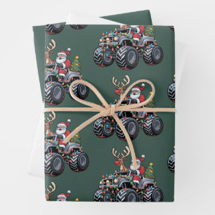 Monster Truck Christmas Santa Holiday Kids Wrapping Paper Sheet