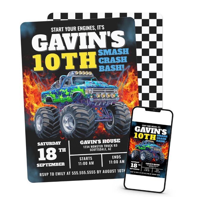 Monster Truck Cool Blue 10th Birthday Personalized Invitation (Creator Uploaded)