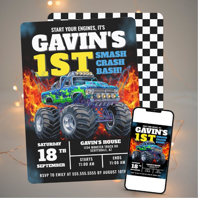 Monster Truck Cool Blue 1st Birthday Personalized Invitation (Creator Uploaded)