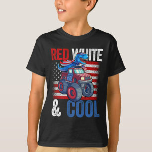 Monster Truck Dino 4th Of July Boys American Flag T-Shirt