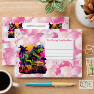 Monster Truck Dino Birthday Invitation Pink Envelope
