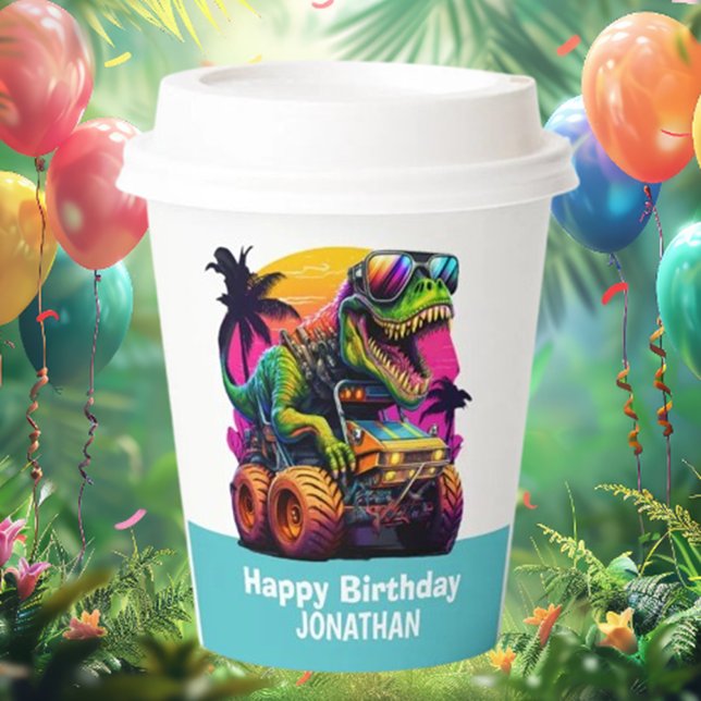 MONSTER TRUCK Dinosaur  Birthday BLUE Paper Cups (Get ready to party like a dino!)