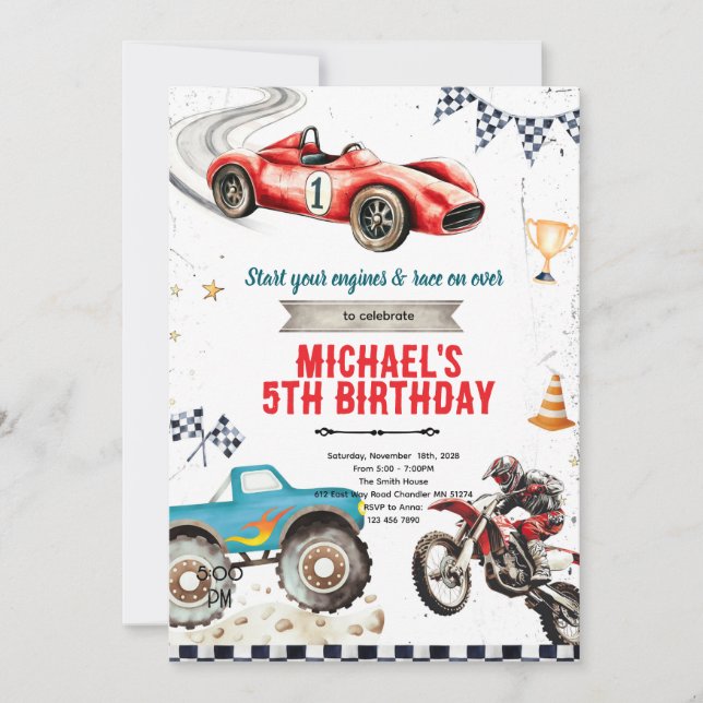 Monster truck Dirt Bikes and race car theme invite (Front)