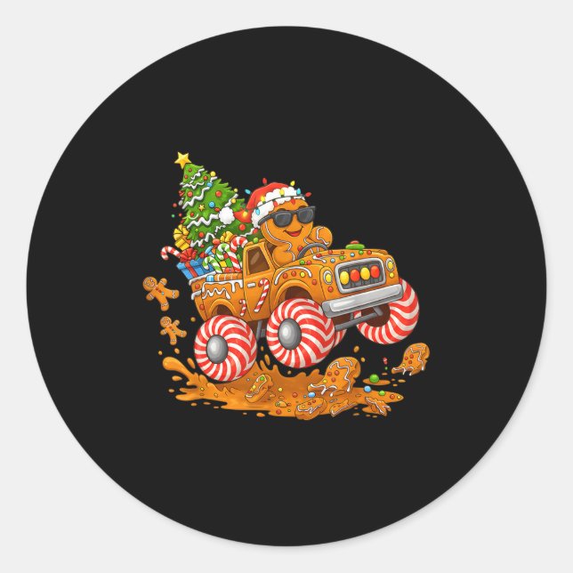 Monster Truck Gingerbread Man Funny Christmas Baki Classic Round Sticker (Front)
