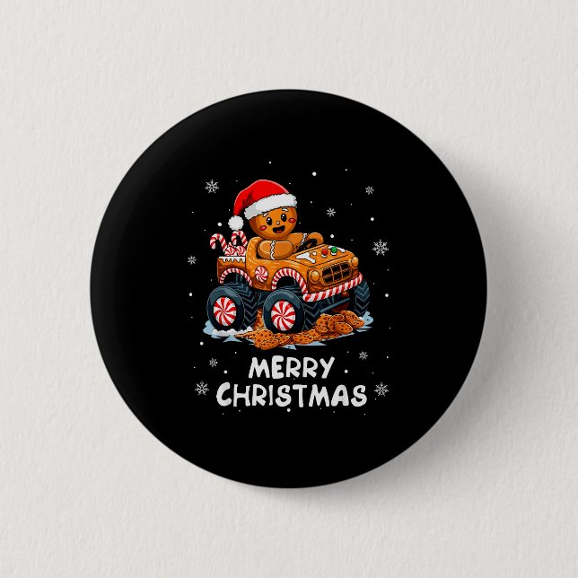 Monster Truck Gingerbread Man Funny Merry Christma 2 Inch Round Button (Front)