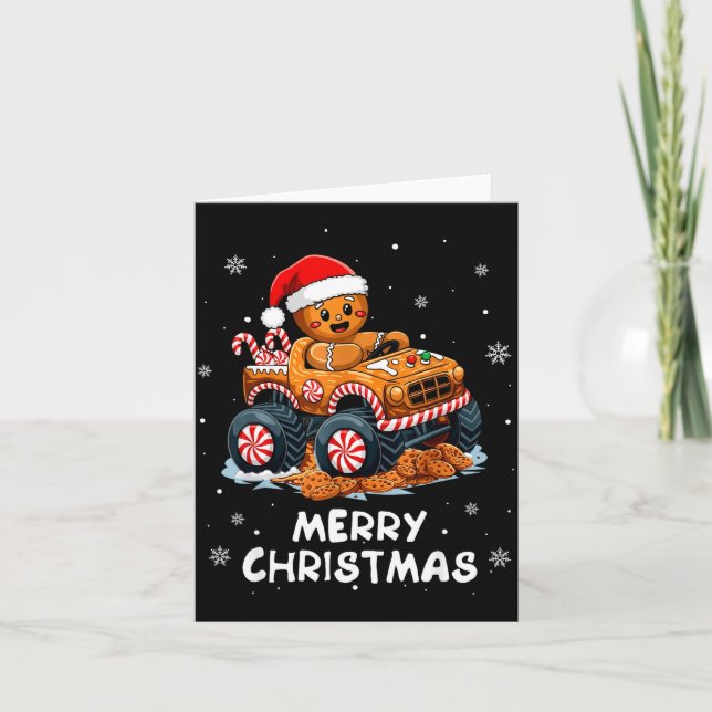 Monster Truck Gingerbread Man Funny Merry Christma Card (Front)
