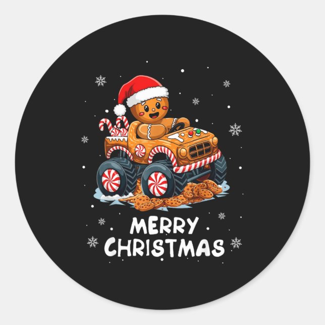 Monster Truck Gingerbread Man Funny Merry Christma Classic Round Sticker (Front)