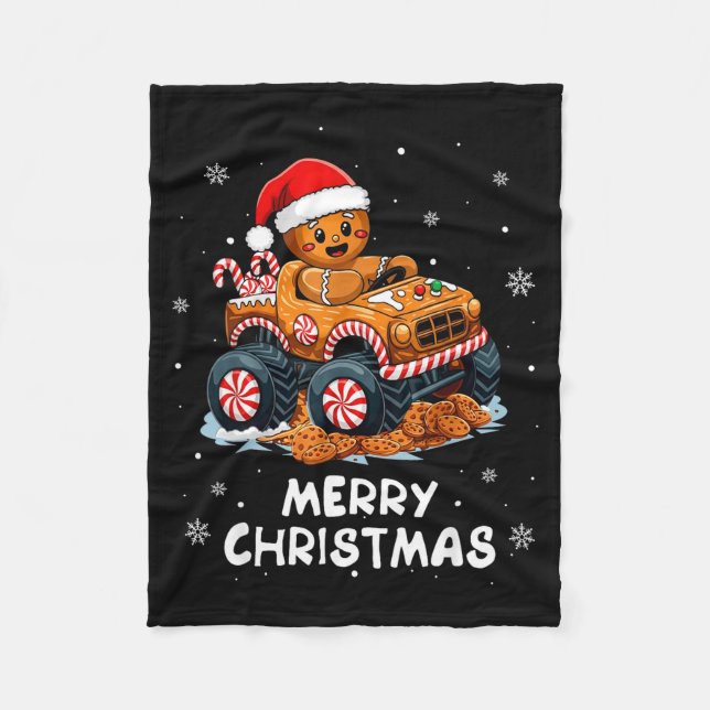 Monster Truck Gingerbread Man Funny Merry Christma Fleece Blanket (Front)