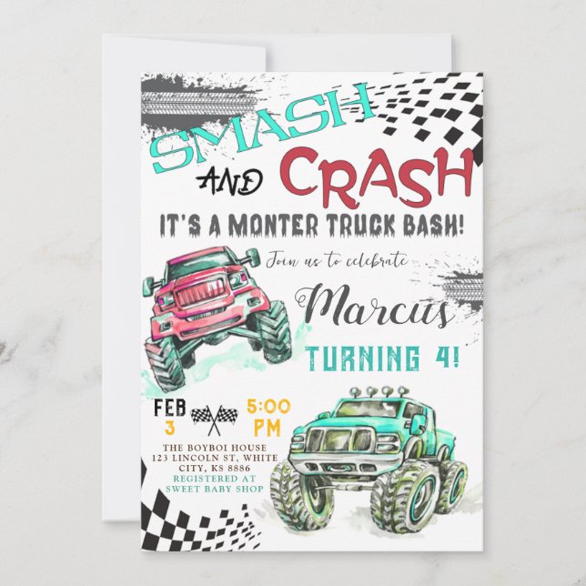 Monster Truck Invitation Anniversaire, Garçons Cam (Devant)