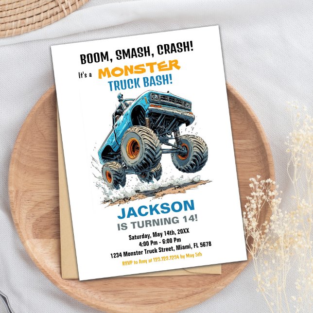 Monster Truck Invitations Anniversaire Bleu Blanc (Monster Truck Birthday Invitations Blue White)